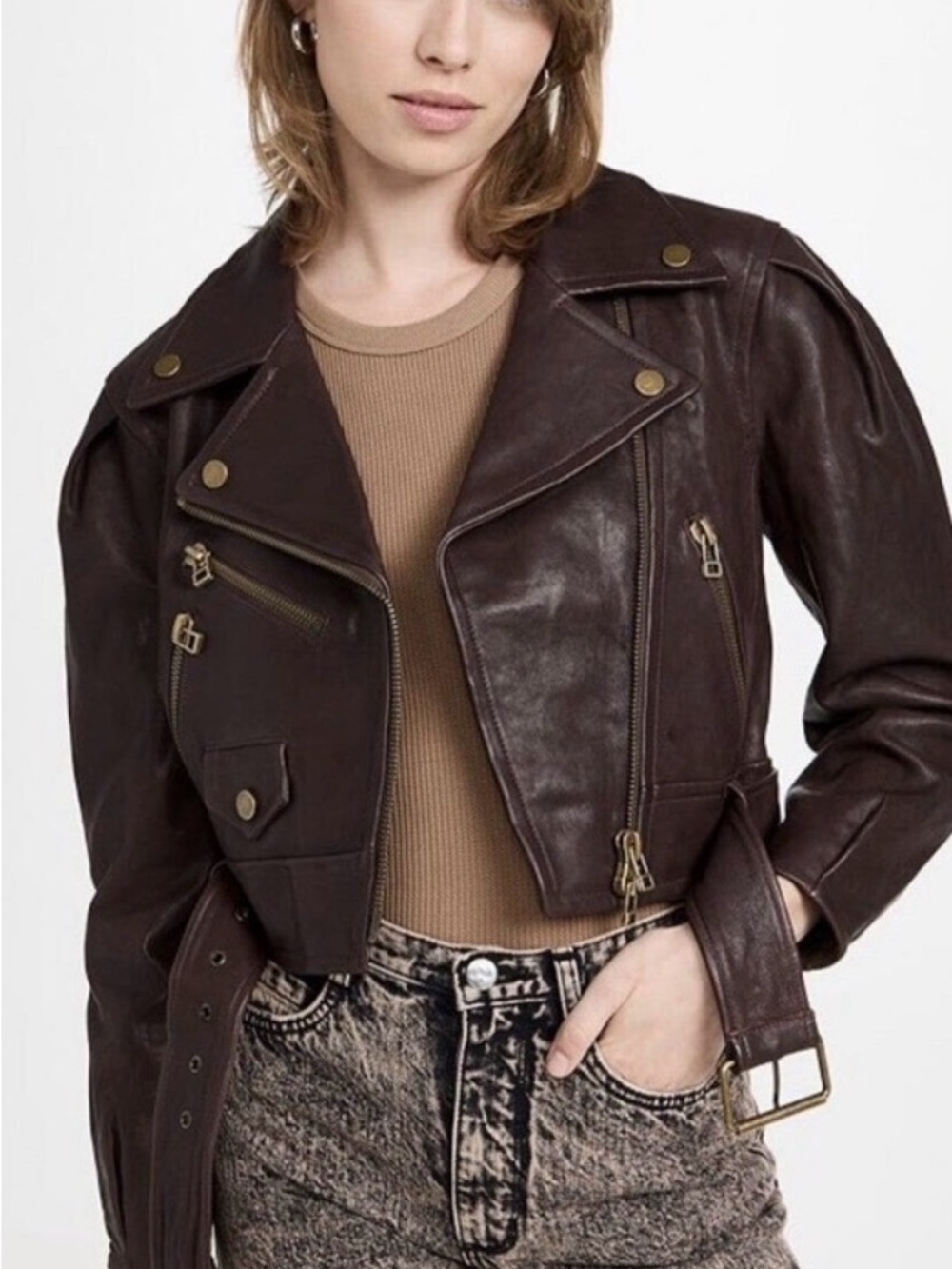 Veronica Beard Cropped Chocolate Brown Leather Moto Jacket